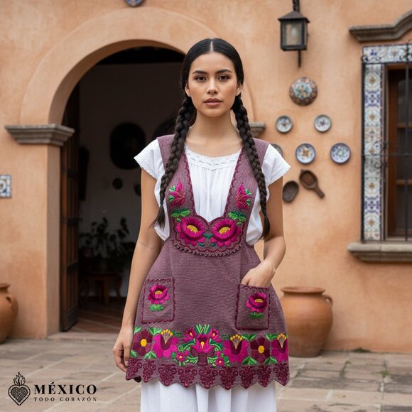 Pink Mexican Embroidered Apron – Premium Cotton Blend Apron with Fucsia Floral - Picture 1 of 8